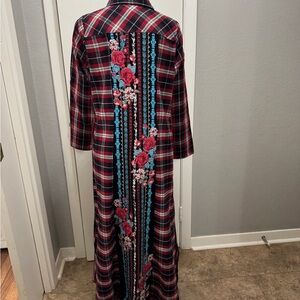 Red Plaid Long Coat with Floral Accents
